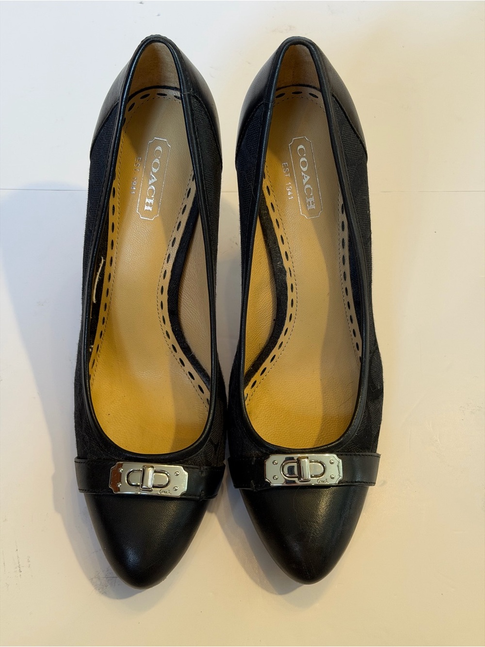 Coach Black Leather and Fabric Pointed-Toe Pumps with Silver Buckle